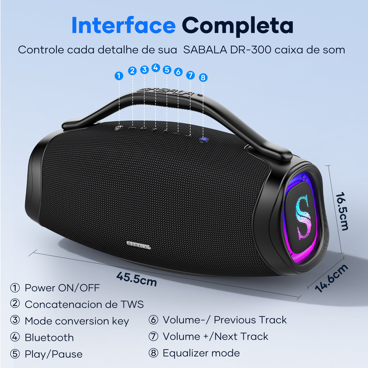 Sabala DR-300 Caixa De Som Bluetooth 200W, 39000mAh, IP66 Com LED – SABALA