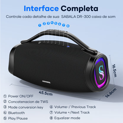 Sabala DR-300 Caixa De Som Bluetooth 200W, 39000mAh, IP66 Com LED