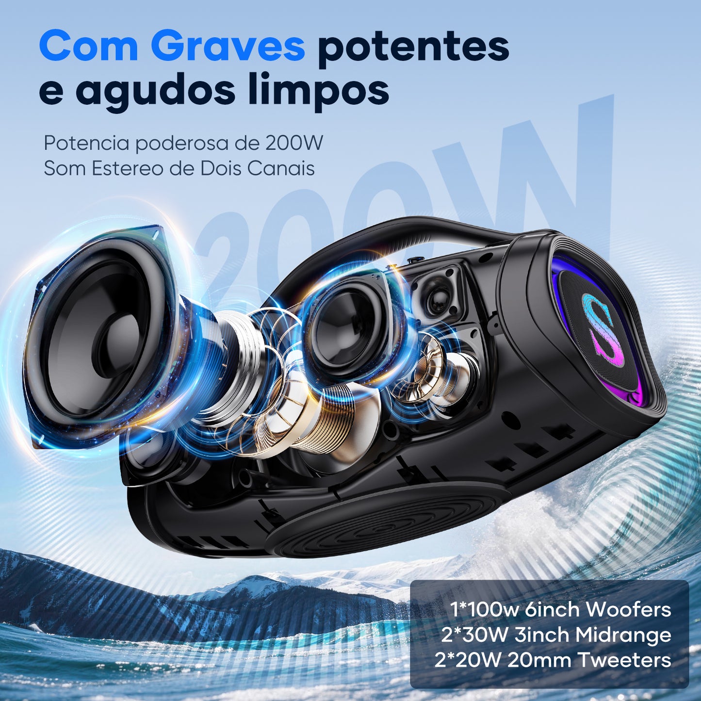 Sabala DR-300 Caixa De Som Bluetooth 200W, 39000mAh, IP66 Com LED