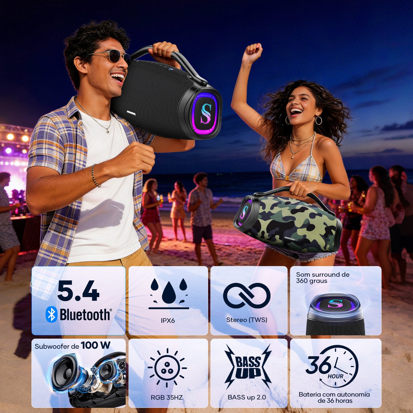 Sabala DR-300 Caixa De Som Bluetooth 200W, 39000mAh, IP66 Com LED